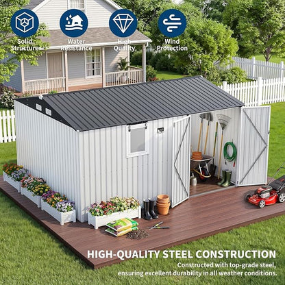 Garvee 10 x 12 FT Heavy-Duty Metal Outdoor Storage Shed with Motion Sensor Solar Light and Window,Pegboard Tool Organizer, Lockable Doors and 4 Air Vents, Garden Shed for Patio, Garage, Backyard