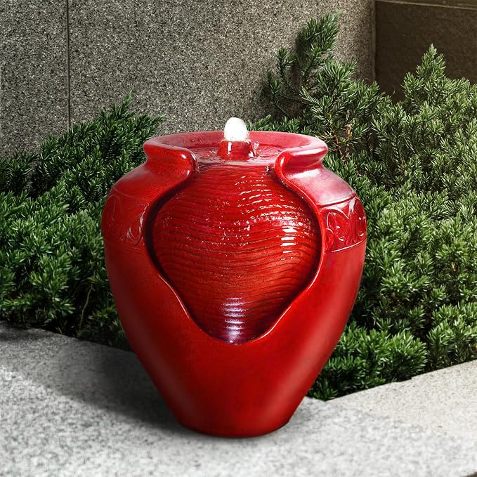 Teamson Home Outdoor Pot Fountain with LED Lights and Pump, Floor Water Fountain for Patio, Garden, Backyard, Decking Home Décor, 16.93 Inch Height, Red | LED Lights, Pump Included, Floor Water Fountain, For Patio, Garden, Backyard, Decking