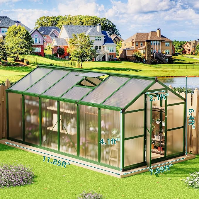 8x12 Ft Outdoor Greenhouses, Greenhouse Kit, Portablee Greenhouses with Ground Nails and Vent Windows, Sliding Lockable Door, Polycarbonate Green Houses for Outside Garden Backyard, Green