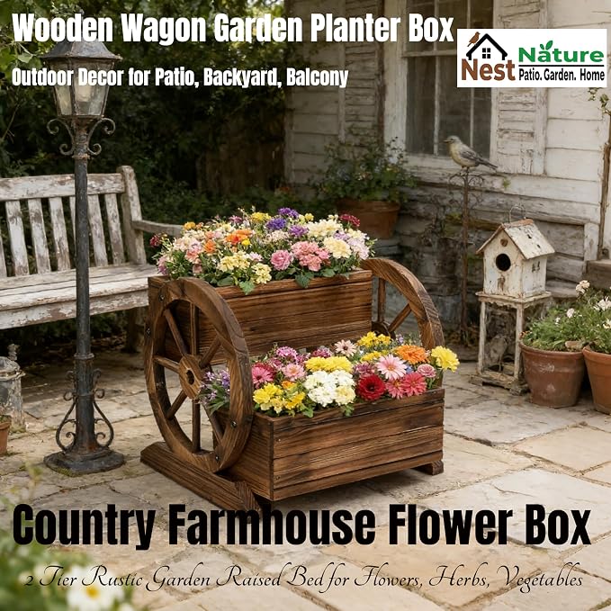 NestNature Wooden Wagon Planter Box|Raised Garden Bed W/Wheels for Plants | 2 Tier Classic Rustic Flower Pot Use Indoor&Outdoor Decor On Patio,Porch,Garden-Outdoor Planter For Flowers,Herbs,Vegetables