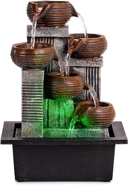 Father'sDen Collection Indoor Fountains and Waterfalls from 5-Tiered Pots-12”H Tabletop Water Fountain-Desk Fountain-Office Decor with Audible Calming Waterfall Sounds-Zen Fountain with Color Lights