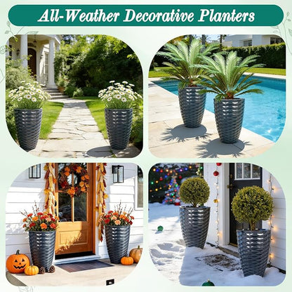 2-Pack 19" Glossy Navy Blue Resin Tall Planters with Wave Texture | Set of 2 resin tall planters with glossy navy blue wave texture, drainage plugs, and UV-resistant finish for porch or patio