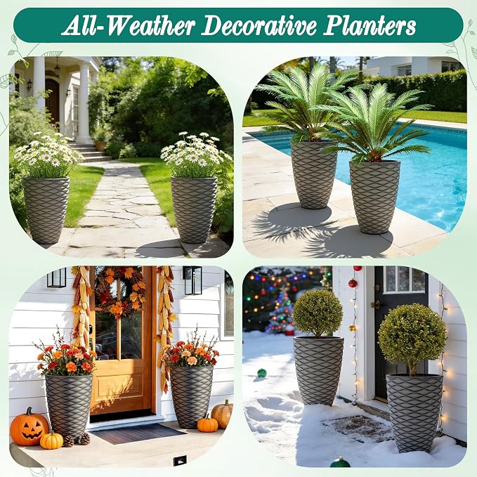 2-Pack 19" Rustic Black Resin Tall Planters with Wave Texture | Set of 2 resin tall planters with rustic black wave texture, drainage plugs, and UV-resistant finish for porch or patio