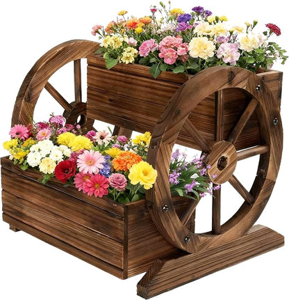 NestNature Wooden Wagon Planter Box|Raised Garden Bed W/Wheels for Plants | 2 Tier Classic Rustic Flower Pot Use Indoor&Outdoor Decor On Patio,Porch,Garden-Outdoor Planter For Flowers,Herbs,Vegetables