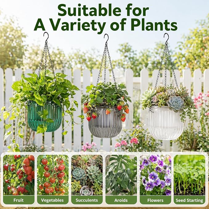 Pumtus 3 Pack Hanging Planters for Indoor Plants, 6.5 Inch Self Watering Flower Pot with Drainage Hole, Plastic Hanging Basket with 3 Hooks Chains, Plant Holder for Outdoor Plants, Herbs (3 Colors)