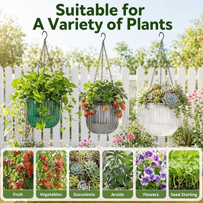 Pumtus 3 Pack Hanging Planters for Indoor Plants, 6.5 Inch Self Watering Flower Pot with Drainage Hole, Plastic Hanging Basket with 3 Hooks Chains, Plant Holder for Outdoor Plants, Herbs (3 Colors)