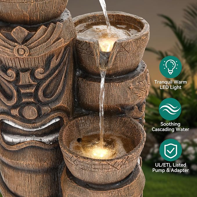 31" H Tiki Statue Outdoor Water Fountain with LED Lights | Unique 3-Tier Tropical Resin Water Feature with Soothing Cascading Waterfall for Patio, Backyard, Garden or Porch