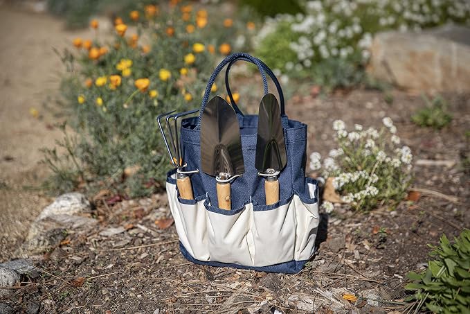 Picnic TIME Disney Mickey Mouse Garden Tote with Tool Set, Durable Garden Tool Organizer Bag with 3 Hand Tools and Exterior Pockets, Giftable Gardening Essential, (Navy Blue with Beige Accents)