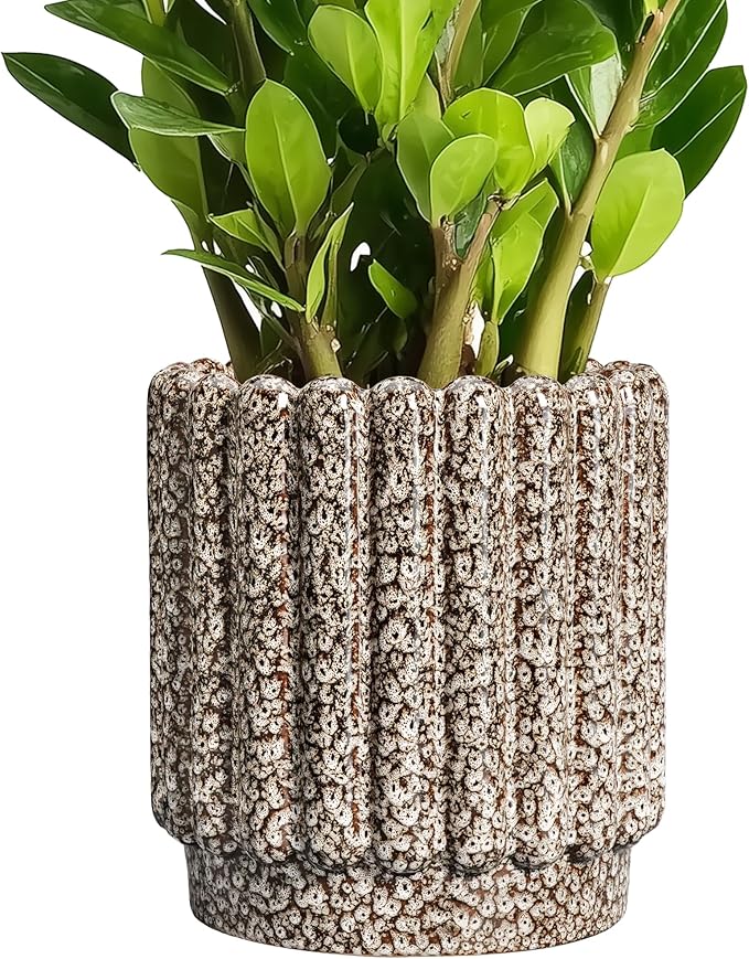 Ceramicfor Ceramic Plant Pot, 7.6 Inch, Leopard Print White | Drainage Hole, Fluted Round Planter, Indoor Plants, Outdoor Decorative, Garden Gifts