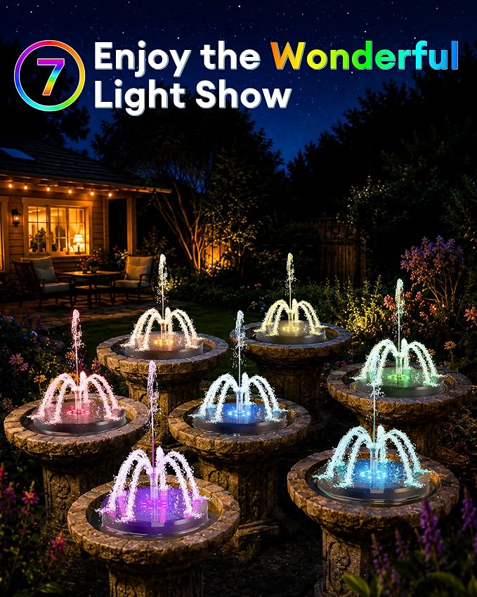 3.5W Solar Fountain,Upgraded 100% Glass Panel Solar Bird Bath Fountain with 2000mAh Battery,7 Color RGB LED Lights & 6 Nozzles,Solar Fountain for Bird Bath,Garden, Pond, Pool, Outdoor Decor(Black)