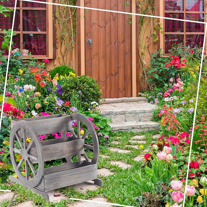 Beeveer Wooden Wagon Planter Box Garden Planter for Outside with Drainage Holes Decorative for Patio Garden Balcony Vegetables Flowers Herbs(Washed Antique Gray)