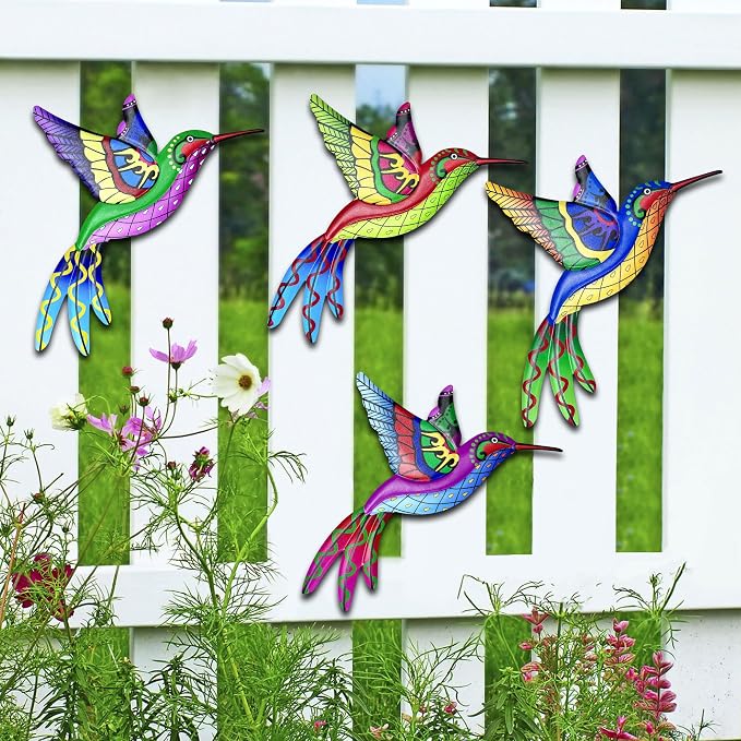 RICHIE Metal Hummingbird Wall Decor Outdoor Fence Wall Art Decor, Wall Sculpture Hanging Decoration for Garden Yard Living Room Bedroom Patio Balcony(4 Pack)