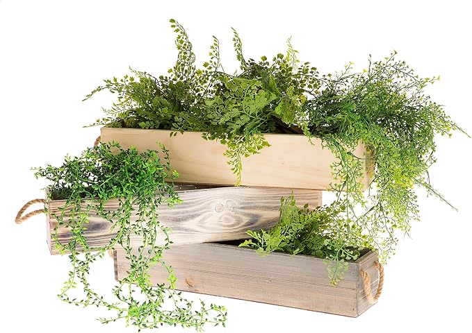 Wooden Planter Box, Rustic Barn Wood/Whitewash with Plastic Liner l Garden Decor l Restaurant and Wedding Decorations l Table Centerpiece (20x4 w Handle Set of 2, Rose Wood)