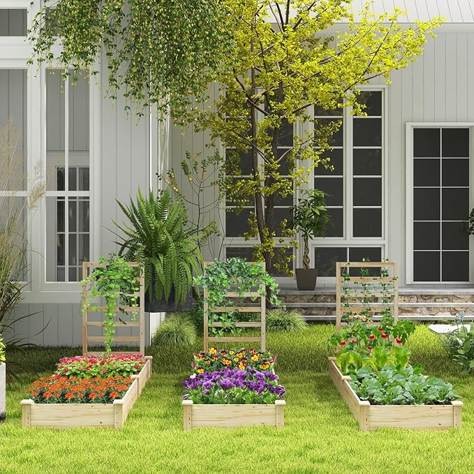 S AFSTAR Raised Garden Bed with Trellis & Planter Box, 93" L x 25" W x 40" H Outdoor Wooden Planter Box Kit for Flower Herb Vegetable Fruit Climbing Vines, Elevated Gardening Bed for Garden Patio