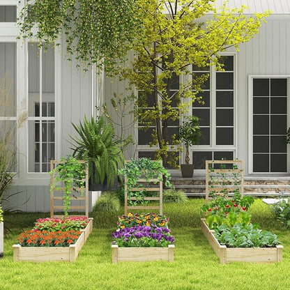 COSTWAY Raised Garden Bed with Trellis, Outdoor Wooden Planter Kit for Flowers, Herbs, Vegetables, Fruits & Climbing Vines, Elevated Garden Planter for Patio, 93" L x 25" W x 40" H