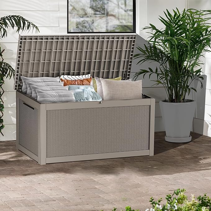 Outdoor Storage Box, 320 Gallon Waterproof Deck Box, Dual Gas-Spring Ultimate Resin Organizer for King Cushions, Heavy-Duty Lockable Estate Storage Bench, Backyard BBQ, Grey