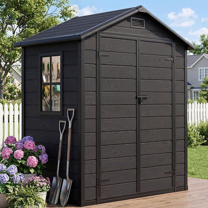 DWVO 6x4 FT Outdoor Resin Storage Shed with Reinforced Floor, All-Weather Bike Storage Shed with Lockable Door, Window and Vent, Waterproof Plastic Tool Shed for Garden, Backyard, Patio, Lawn