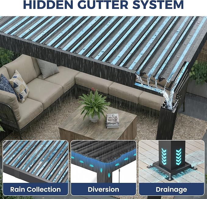 12' x 16' Louvered Pergola, Aluminum Frame Outdoor Pergola with Metal Adjustable Louvered Roof & Integrated Gutter System, Hardtop Patio Gazebo for Backyard, Patio, Garden, Dark Gray