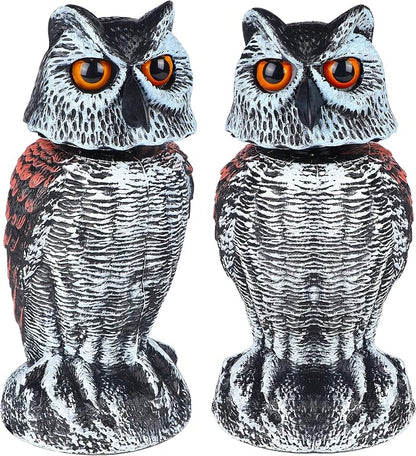 Hausse 2 Pack Fake Owl Decoy Bird Scarecrow Sculpture, Rotating Head Plastic Owl Bird Deterrents, Nature Enemy Horned Pest Repellent for Outdoor Garden Yard