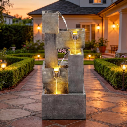 AUTODAYA 32.5" 5-Tier Stacked Blocks Fountains LED Cascading Waterfall | outdoor modern concrete texture, garden patio deck backyard,Porch or Home Décor