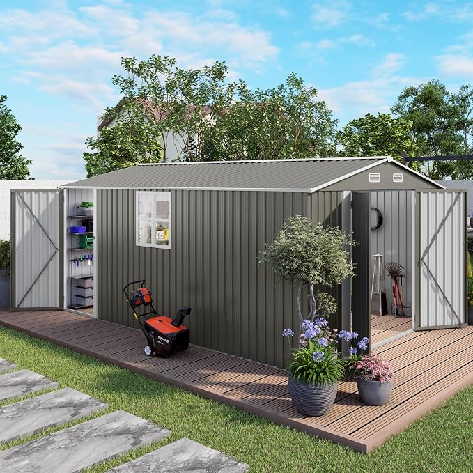 YOPTO 10x14 FT Large Outdoor Storage Shed,Durable Metal Garden Shed with Three Lockable Doors and Two Windows,Waterproof Tool Shed for Backyard Patio,All-Weather Shelter for Bike,Lawn Mowers,Grey