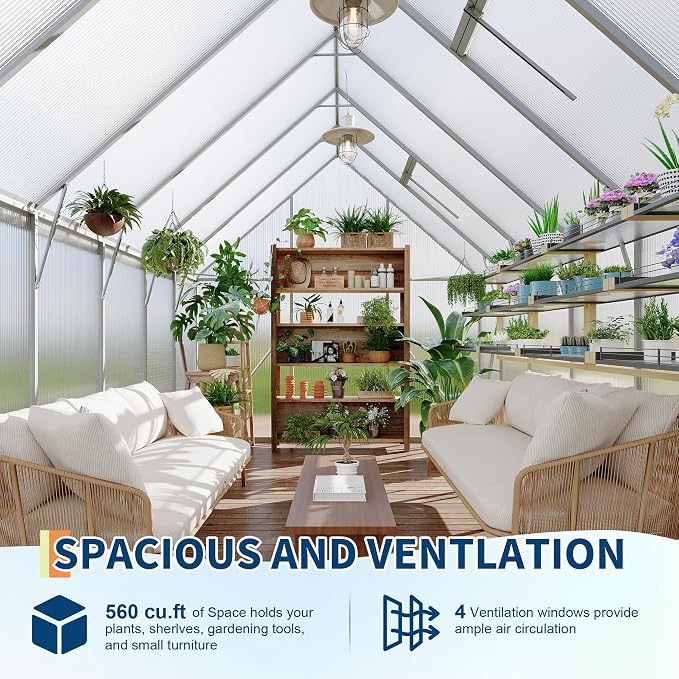 GarveeLife 8X12FT Polycarbonate Greenhouse with Aluminum Frame, Polycarbonate Greenhouse for Outdoors, Greenhouses with Ventilation and Rain Gutter, Aluminum Large Walk-in Greenhouses for Outside