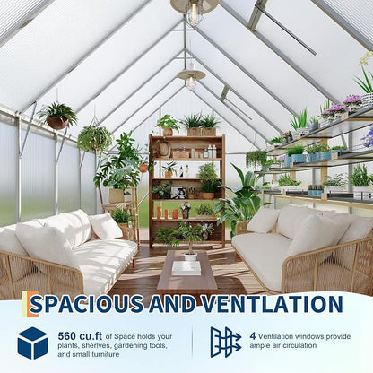 GarveeLife 8X12FT Polycarbonate Greenhouse with Aluminum Frame, Polycarbonate Greenhouse for Outdoors, Greenhouses with Ventilation and Rain Gutter, Aluminum Large Walk-in Greenhouses for Outside