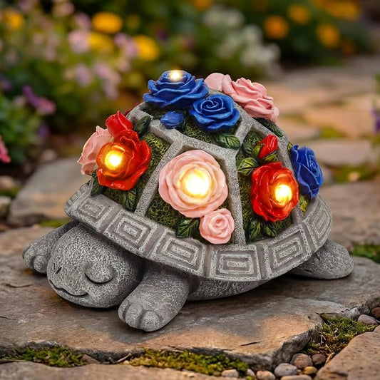 Solar Garden Decor Outdoor Turtle Statue with Multi-Color Rose Flowers & 7 LED Lights – Outside Tortoise Decoration for Lawn Yard Patio Backyard - Home House Art - Gift for Men Dad Women Mom
