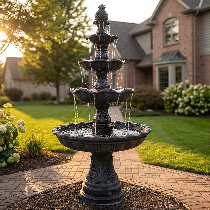 Sunnydaze Grand Courtyard 4-Tier Large Outdoor Water Fountain - 80" Tall Outdoor Fountain - Tiered Electric Garden Water Feature for Patio, Backyard, or Yard - Faux Stone Resin - Black