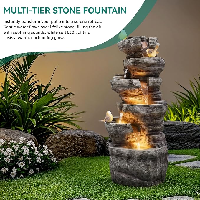 39.4" Stacked Rock Outdoor Fountain LED 6-Tier Bird Waterfall | hand-carved stone with birds, garden patio porch backyard