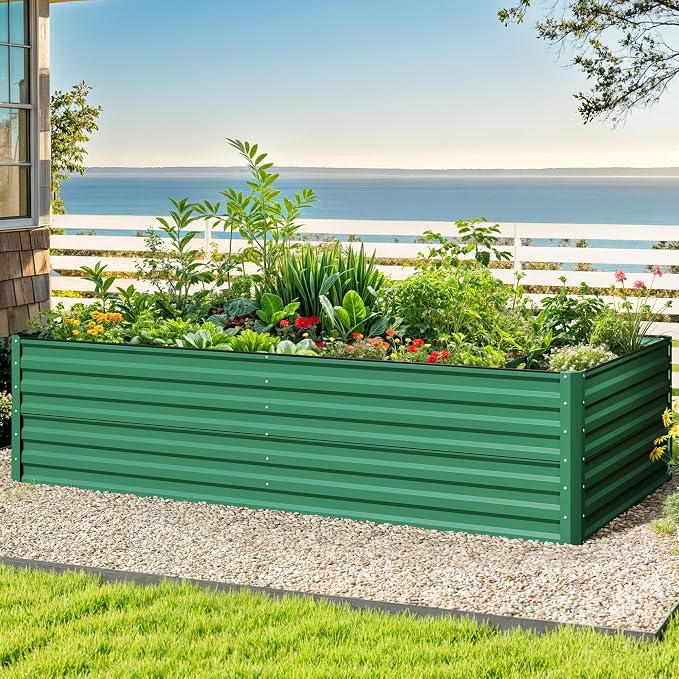 DWVO 2pcs 8 x 4 x 2 FT Raised Garden Bed Kit, Outdoor Galvanized Flower Bed with Safety Rubber and Gloves, Large Metal Planter Box for Vegetables, Flowers, Herbs, Fruits, Green