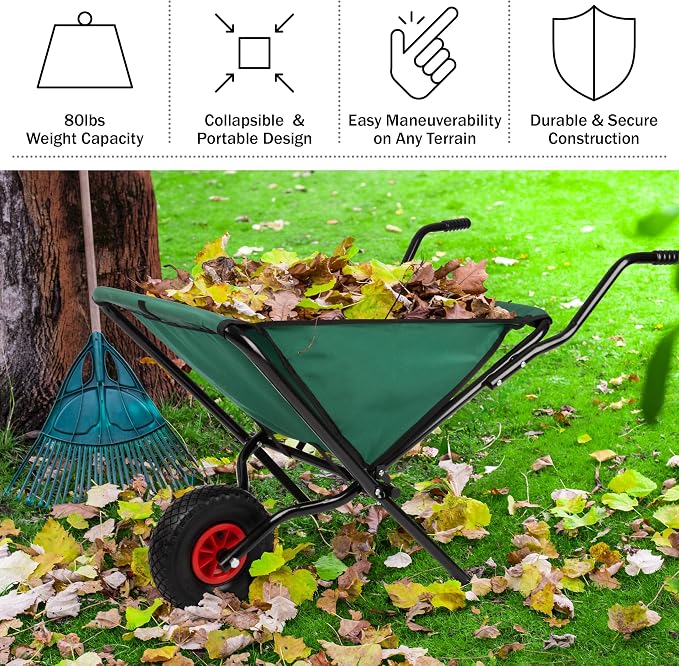 Folding Wheelbarrow - Collapsible Garden Cart with 80lb Capacity, Storage Pouches, and Padded Handles - Wheelbarrows for Lawn Care by Pure Garden (Green)