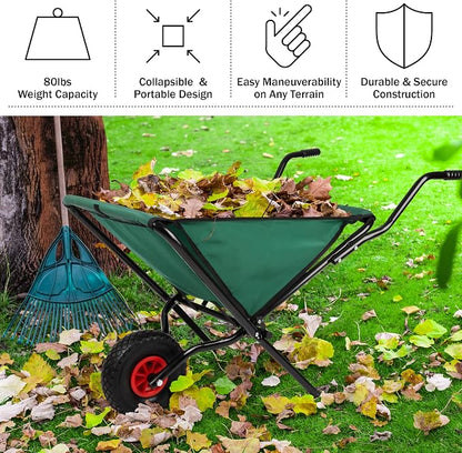 Folding Wheelbarrow - Collapsible Garden Cart with 80lb Capacity, Storage Pouches, and Padded Handles - Wheelbarrows for Lawn Care by Pure Garden (Green)