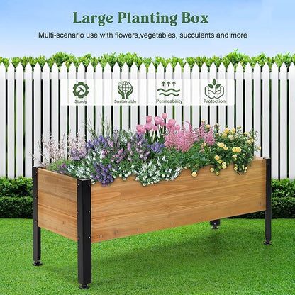 Wooden Rectangular Flower Box with Short Iron Legs, Planting Bed for Flowers and Vegetables, Suitable for Garden and Balcony. Dimensions: 19.7x13.9x12.5 inches
