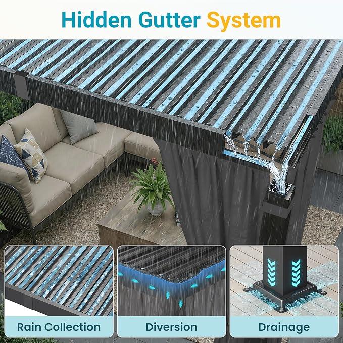 10' x 12' Louvered Pergola, Outdoor Pergola with Curtains & Netting, Aluminum Frame Patio Pergola with Adjustable Louvers Roof & Gutter System, Hardtop Gazebo for Patio, Deck, Garden, Yard, Dark Gray