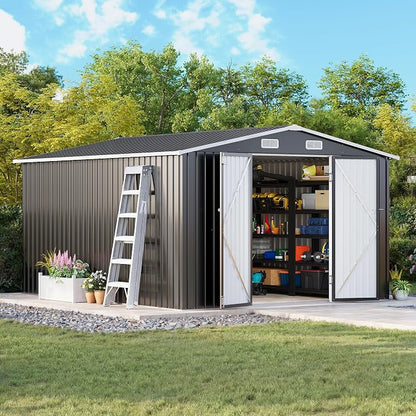 MXV 12 x 10FT Outdoor Storage Shed, Metal Garden Shed with Windows, Double Lockable Doors & Sloped Roof, Waterproof Tool Sheds for Backyard Garden Patio Lawn, Black