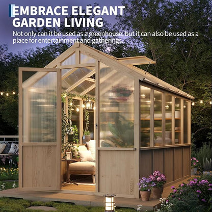 Garvee 6x10 FT Wooden Greenhouse - Walk-in Greenhouses for Outdoors, Large Spruce Frame Green House with PC Panels, Adjustable Roof Vents & Lockable Door, Green Houses for Garden,Backyard,Patio,Lawn