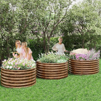 4 Pack Brown 2x2FT Round Corrugated Galvanized Steel Raised Garden Bed Outdoor, Metal Above Ground Garden Bed for Vegetables and Flowers, Raised Beds for Gardening-2x2FTx10Inch