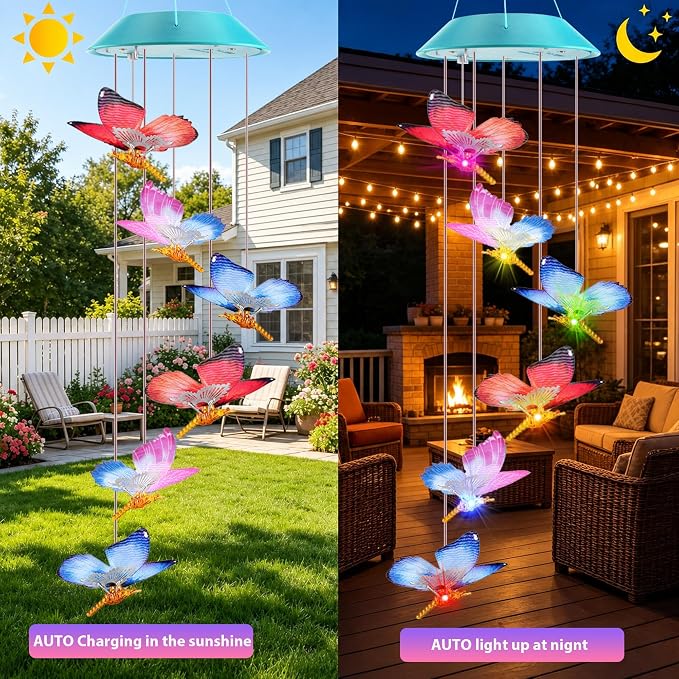 Toodour Solar Wind Chime, Color Changing LED Swaying Butterfly Wind Chimes, Upgrade Butterfly with Fluttering Wings, Waterproof Solar Outdoor Light Decor for Garden Window Patio, Gift for Mom Grandma