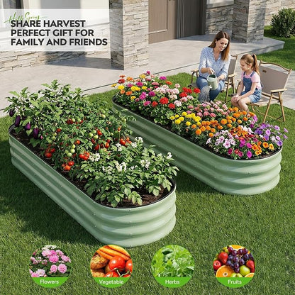 Galvanized Raised Garden Bed 2 Pack, 8x2x1ft Oval Metal Planter Box Outdoor with Support Rods & Corner Protection, Planter Beds for Vegetables, Fruits, Flowers (AvocadoGreen)