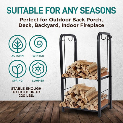 SereneLife Heavy Duty Firewood Rack Holder, Metal Log Storage Organizer with Shelves & Fireplace Tools, Black Powder Coated Wood Stacker for Indoor Fireplace, Outdoor Patio, Deck, Backyard