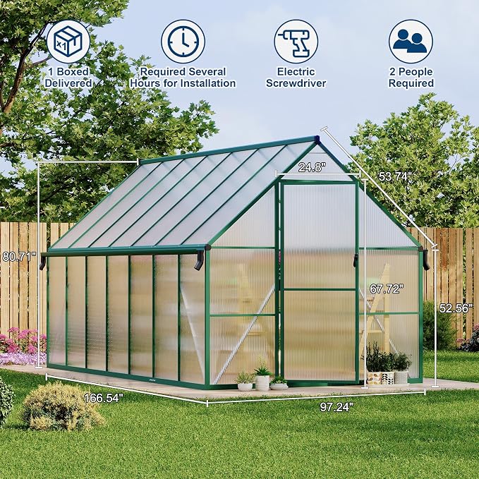 GarveeLife 8X14FT Polycarbonate Greenhouse with Aluminum Frame, Polycarbonate Greenhouse for Outdoors, Greenhouses with Ventilation and Rain Gutter, Aluminum Large Walk-in Greenhouses for Outside
