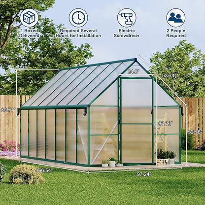GarveeLife 8X14FT Polycarbonate Greenhouse with Aluminum Frame, Polycarbonate Greenhouse for Outdoors, Greenhouses with Ventilation and Rain Gutter, Aluminum Large Walk-in Greenhouses for Outside