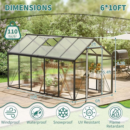 Garvee 6x10ft Walk-in Greenhouse, Heavy Duty Large Outdoor Green House | Polycarbonate Garden Greenhouse with Roof Vent, Lockable Outward-Opening Swing Door & Aluminium Frame for Backyard, Grey