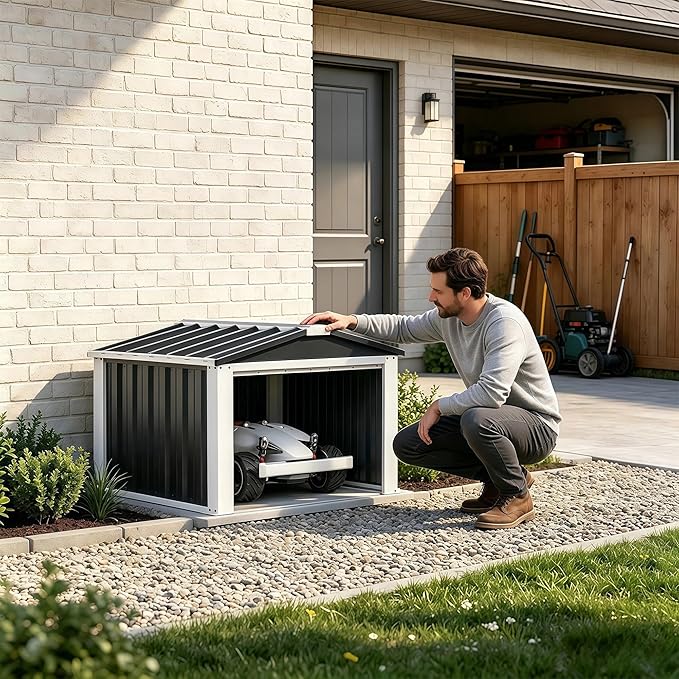 REEMOON 3x3 FT Metal Robot Mower Garage, Small Outdoor Shed, Black | Open-front metal shelter for robot mowers, garden tools, trash bins, and small backyard equipment; assembly required.