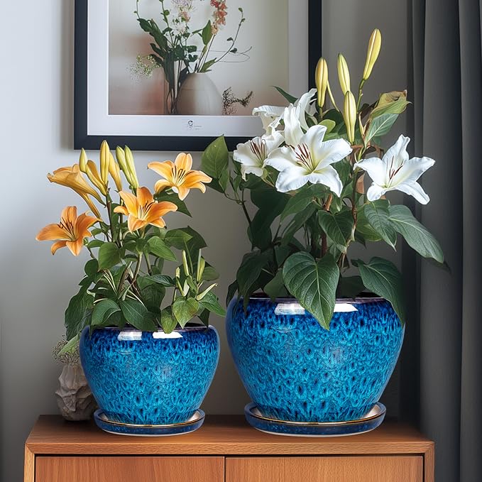 Ceramic Plant Pots Indoor, 10 Inch 8 Inch 6 Inch Round Planters Pots for Indoor Outdoor Plants, Modern Large Flower Pots with Drainage Holes and Saucers, Set of 3, Blue