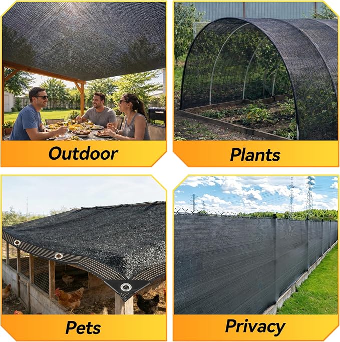 JOJOLEE 70% Sun Shade Cloth, 20x20FT Shade Net Mesh Tarp with Grommets, Black Sunblock Cover for Outdoor Patio Plants, Pergola, Greenhouse, Chicken Coop, Backyard, Balcony