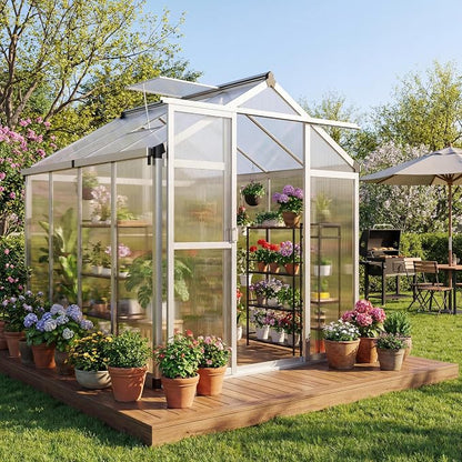 Garvee 6x8ft Walk-in Greenhouse, Heavy Duty Large Outdoor Green House | Polycarbonate Garden Greenhouse with Roof Vent, Lockable Smooth-Gliding Sliding Door & Aluminium Frame for Backyard, Sliver