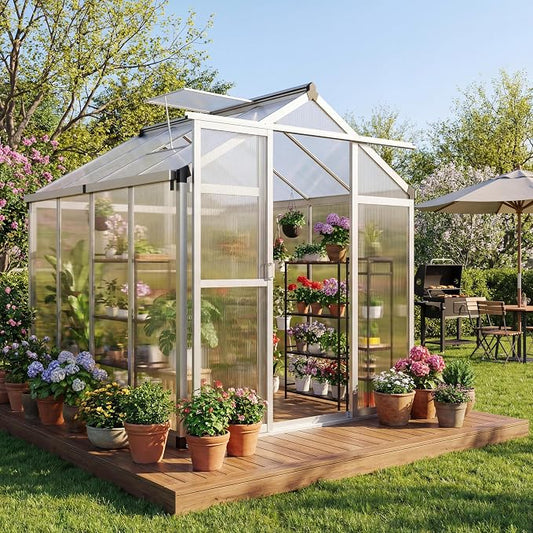 Garvee 6x8ft Walk-in Greenhouse, Heavy Duty Large Outdoor Green House | Polycarbonate Garden Greenhouse with Roof Vent, Lockable Smooth-Gliding Sliding Door & Aluminium Frame for Backyard, Sliver