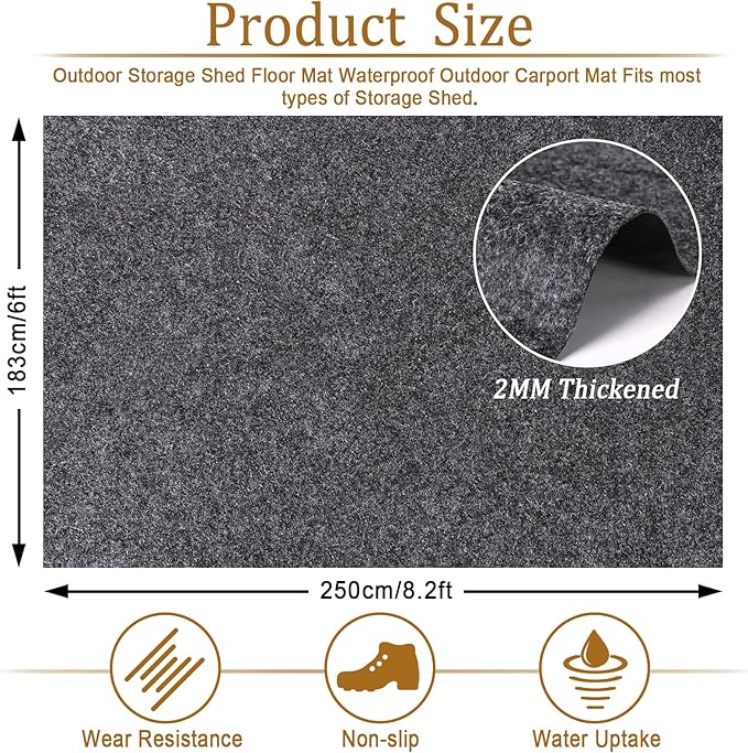 8.2 X 6 Ft Storage Shed Floor Mat—Waterproof PE Backing, 500g/㎡ Thick, Washable, Dustproof, and Anti-Slip Pad for Patio, Motorcycle, and Carport to Protect Flooring from Wear